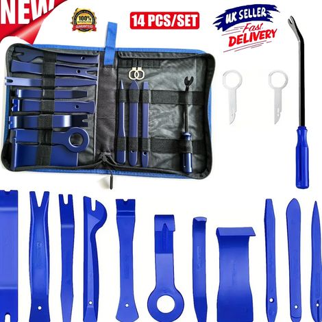 Kit d'outils de démontage de garnitures intérieures de voiture (14 pièces) : levier pour tableau de bord, panneau, clips de porte, moulures (1/5)
