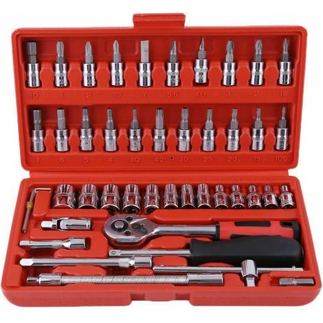 Jeu de Clés à Douilles, 46pcs 1/4" Clé à Cliquet Avec Boîte à Outils,4-14mm Cr-V Clé à Douilles, Embouts de Tournevis,Barres D'extension pour la Maison,Voiture, Réparation de Vélos (1/5)