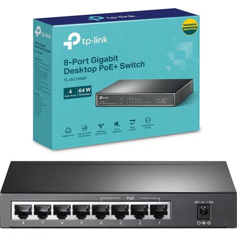 TP-Link PoE Switch 8-Port Gigabit, 4 PoE+ Ports up to 30 W For Each PoE Port and 64 W For All PoE Ports, Metal Casing, Plug and Play, Ideal for IP Surveillance and Access Point(TL-SG1008P) (1/5)