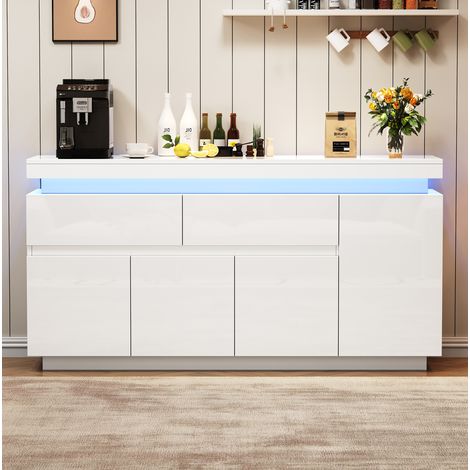 Wohnzimmerschrank 140x35x72,5 cm Weiß aus Spanplatte mit LED-Beleuchtung und viel Stauraum (1/5)