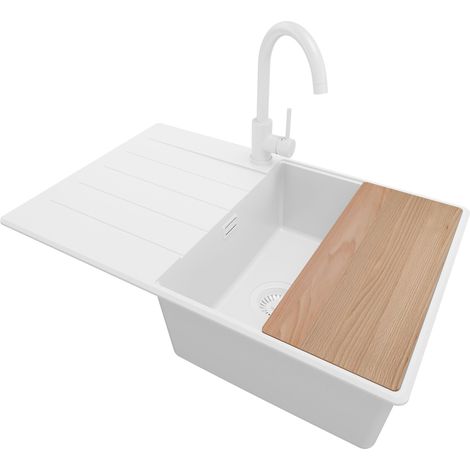 PRIMAGRAN Evier Cuisine en Granit 78x50cm, Lavabo 1 bac + Kit de Vidage + Accessoire, Évier à Encastrer au meuble 50cm - Copenhague, Tout Blanc (1/5)