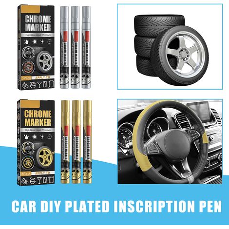 Set de 3 stylos de retouche peinture auto, marqueur chrome liquide haute brillance, réparateur rayures carrosserie, finition miroir, couleur chrome (1/5)