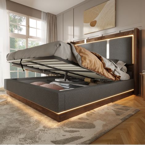 Cama doble 140x190 cm tapizada en gris y madera con LED, arcón elevable hidráulico y cabecero alto (1/5)