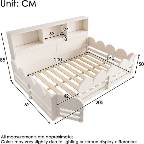 Lit d'enfant au sol 140 x 200 cm en bois blanc avec barrière anti-chute et porte, sommier à lattes, étagère intégrée, grand espace de couchage pour frères et sœurs, aire de jeu et de sommeil sécurisée (1/5)