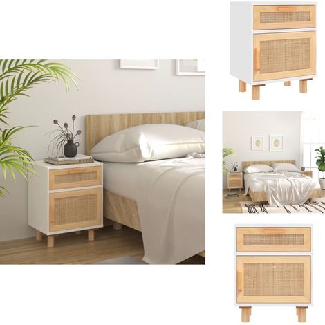 Nachttisch Weiß Massivholz Kiefer und Natur-Rattan - Nachttisch - Wohnzimmermöbel - Skandinavisches Design - Holzmöbel - Massivholzkörper (1/5)
