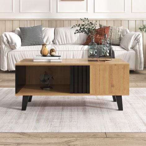 Table Basse Design Bois et Noir - Rangements Multiples : Grand Compartiment + 2 Niches - Pieds Bois Massif - Surface Hydrofuge (1/5)