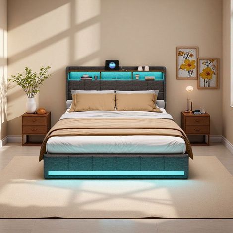 Cama Doble 160x200 - Cofre con Cajones - LED RGB - Carga USB - Tela Lino Gris