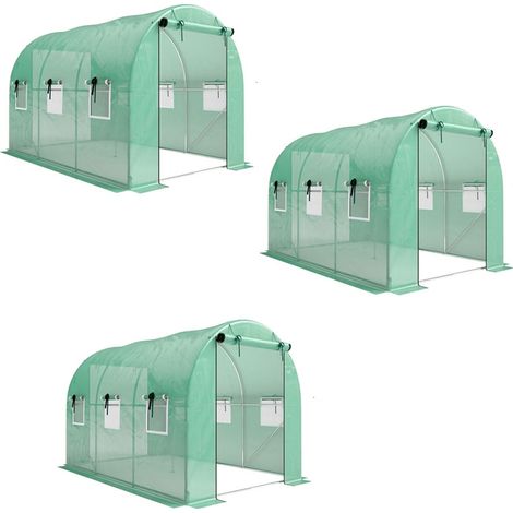 3er-Set gewächshaus 3 x 2 x 2 m Foliengewächshaus mit Rollbar 2 Reißverschlusstür & 6 Netzfenster Stützstangen Grün