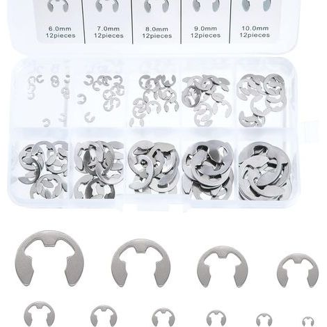 Anneau E-Clip en Acier Inoxydable, 120 Pcs Bague de Retenue Externe Snap Kit, M1,5-M10 Assortiment Circlip avec Boîte de Rangement, pour la Rainure de l'arbre de la Machine (1/5)