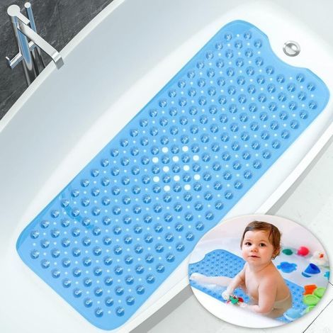 pair Tapis de salle de bain antidérapant, 100x40 cm, extra long et résistant (bleu), sûr et antidérapant, conception antibactérienne, avec ventouses fortes