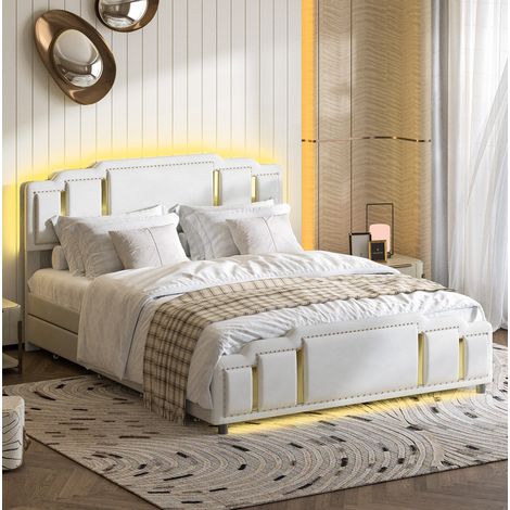 Bett mit Stauraum Samt Beige 140x200 cm, Polsterbett mit LED, 4 Schubladen und Lattenrost (1/5)