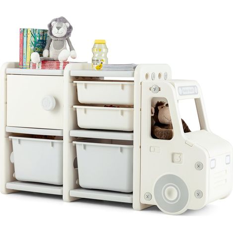 Kids Toy Storage Organizer Truck-shaped Toddler Storage Cabinet 2 Plastic Bins (1/5)