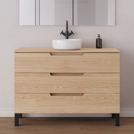 Meuble de salle de bain 120cm avec plateau et vasque à poser ronde - 3 tiroirs - sans miroir - roble era (chêne clair) - RIZA (1/5)