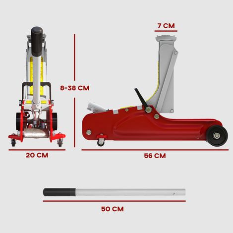 Wagenheber, 8-38 cm Höhe, 2,5 Tonnen Tragfähigkeit, Stahl, rollbar, Rot (1/5)