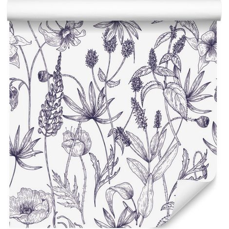 Papier peint rétro peint à la main, motif fleurs sauvages et herbes aromatiques, 50 x 1000 cm (1/5)