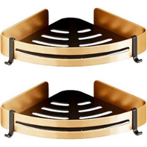 Étagères de douche - 2 pièces - Panier de douche - Coin douche - Étagère de douche triangulaire - Avec 2 crochets - Fixation murale - Embouts ou autocollant - Goud et noir - 3021,53,5 cm - Aluminium - (1/4)