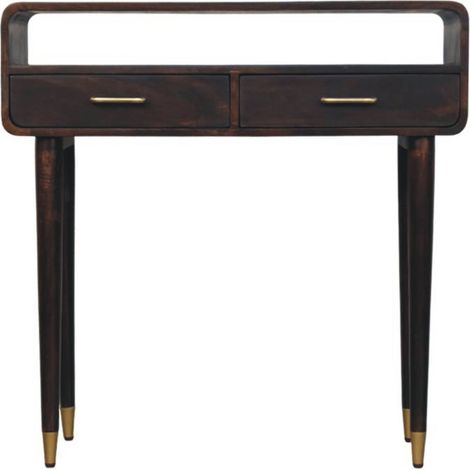 Console en bois massif Apollo Loop avec 2 tiroirs et 1 niche ouverte, style scandinave, couleur marron foncé (1/4)