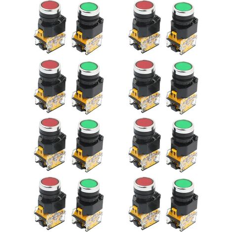 Lot de 16 interrupteurs à bouton-poussoir momentanés DPST rouge/vert, montage 22 mm, 10 A, 380 V (1/2)