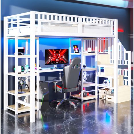 Lit mezzanine 90 x 200 cm en métal et MDF avec bureau, étagères, échelle et LED blanche (1/5)