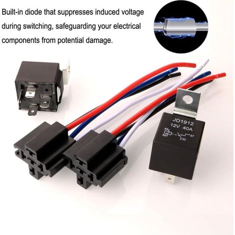 Lot de 2 Faisceau de Relais de Voiture JD1912 12V 40A 4 Broches SPST 12 AWG Avec Diode Intégrée pour Camion, Camionnette, Moto, Bateau