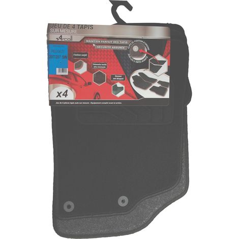 Lot de 4 tapis sur mesure pour Peugeot 207 et 207SW – Moquette noire 650 g/m2 – Sous couche granulée – Talonnette textile soudée – Arcoll