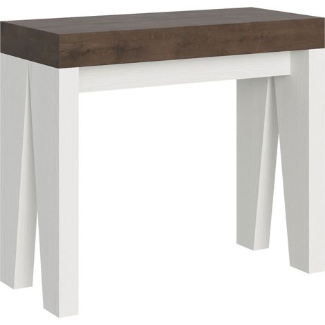 Console extensible bois noyer pieds bois blanc 12 personnes 40 à 300cm Naxo-Support 2 pieds (1/5)