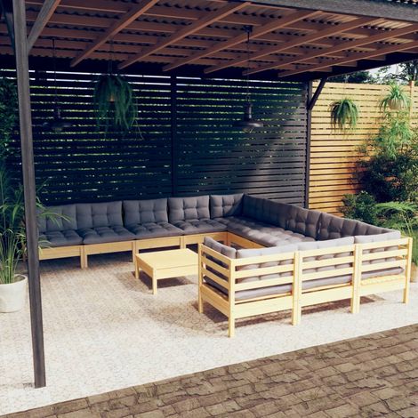 12-tlg. Garten-Lounge-Set mit Grauen Kissen Kiefernholz vidaXL (1/5)