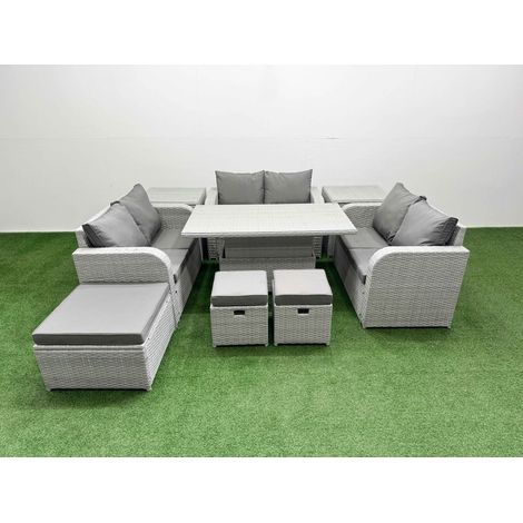 Fimous 9 Seater PE Wicker Rattan Furniture Sofa Sets with Adjustable Lifting Dining or Coffee Table 2 Seater Love Sofa 3 Stool 2 Side Table Light Grey (1/4)