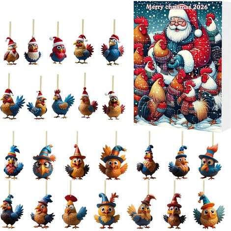 Adventskalender mit 24 Überraschungsfächern – Acryl-Anhänger in Form eines Hahns für den Weihnachtsbaum (1/5)