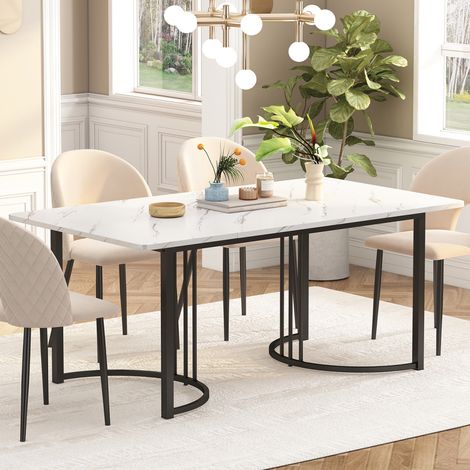 Tavolo da pranzo rettangolare 140 cm, con piano effetto marmo, telaio in metallo, stile scandinavo, scrivania in legno - Nero (1/5)