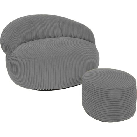 Pouf XXL déhoussable en velours côtelé BANANAIR 110x100 cm + repose-pieds gris foncé (1/5)