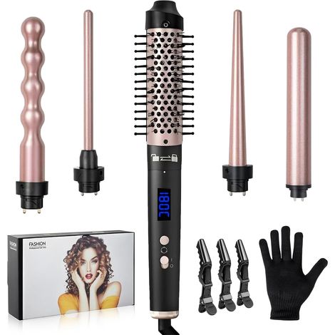 Boucleur a Cheveux 5 en 1,Fer a friser 9-32mm avec différents embouts pour grandes et petites boucles, 160-230°C Kit de bigoudis avec gants (1/5)