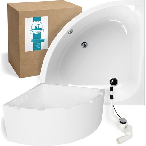 Calmwaters® Eckbadewanne Komplettset 120x120 cm mit Wannenträger & Ablaufgarnitur, Acrylwanne Modern Small 2, Duo-Badewanne für 2, Set Badewanne komplett, Eckwanne 120 x 120 cm, Weiß, 99000046 (1/5)