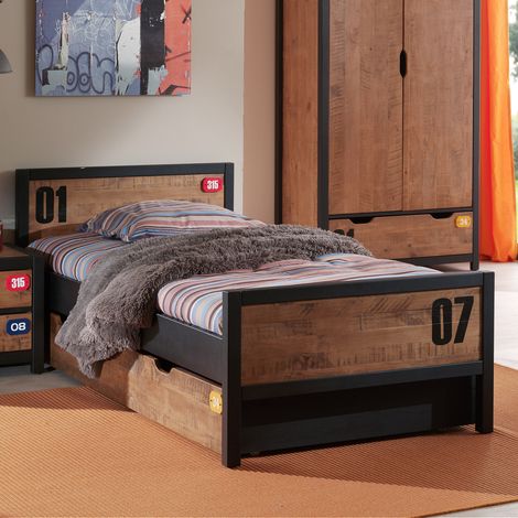 Lit gigogne pin massif foncé et noir Alex 90x200 (1/3)