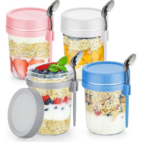 4-Piece Overnight Oatmeal Jars, 360ml Glass Mason Jars with Measuring Marks, Food Storage Containers with Lids and Spoons for Oatmeal, Cereal, Fruit, Milk, Salad, Yogurt