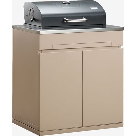 Module de rangement avec barbecue au charbon pour cuisine modulaire d'extérieur en acier Rivana SKLUM Tapioca Beige (1/5)