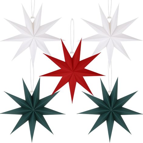 Set mit 5 hängenden Papiersternlaternen, 30 cm, rot, grün und weiß, Weihnachtsdekoration, Lampenschirme, Hochzeit, Geburtstag, Weihnachten, Heimdekoration (9 Punkte)