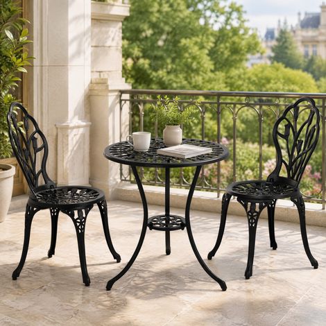 Set bistrot da giardino in alluminio nero con tavolo rotondo e 2 sedie pieghevoli, foro per ombrellone (1/5)