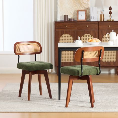 Set de 2 chaises pivotantes 360°, chaises cuisine style mid-century moderne, dossier tressé et assise rembourrée, pour salle à manger et chambre, vert, chenille (1/5)