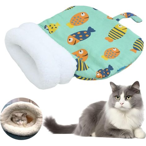 Sacco a pelo per gatti, grazioso nido per gatti con tasca a forma di cartone animato, morbido nido in peluche, comodo avvolgimento a 360°, sacco a pelo per cani e gatti da interno (verde A)