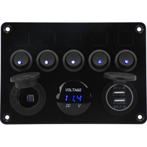Wasserdichtes 12-24V-Bedienfeld mit 5 Schaltern und grün hinterleuchtetem Digitalvoltmeter für Boote, Wohnwagen, Anhänger und LKWs (1/5)