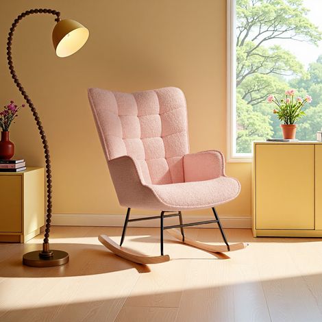 Chaise à bascule, fauteuil, chaise de loisirs avec coussin en bois, convient pour salon, chambre, balcon, moderne, cadre en acier, chaise pivotante, rose(Expédition depuis la France) (1/5)