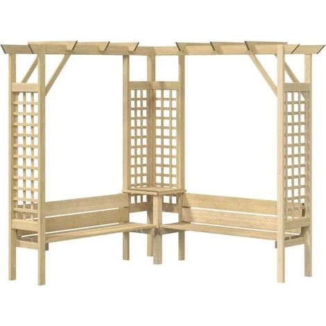 Une pergola d'angle avec un banc. Fabriquée en bois de pin imprégné. (1/5)