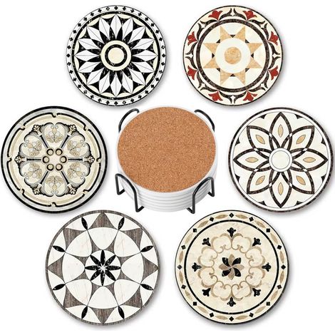 Lot de 6 sous-verres absorbants en céramique avec support, style bohème, base en liège pour protéger la table, 10 cm (1/5)