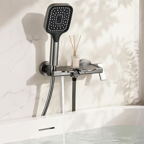 Robinet de Baignoire avec Douchette, Mitigeur Baignoire Cascade à Main 3 Mode, Mitigeur Bain Douche Mural avec Flexible 1,5m et Support Intégré, Gris (1/5)