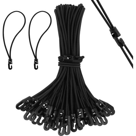 25 cuerdas elásticas negras, de 25 cm de largo, con ganchos, de goma, para lonas, tiendas de campaña y carteles. (1/5)