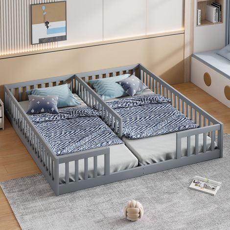 Lit enfant 90x200 avec barrières pin MDF gris OKMYHOME (1/5)