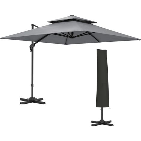 Outsunny 3 x 3(m) Cantilever Parasol with Aluminium Frame, Crank and Tilt, 360-Degree Rotation, Double Top Garden Umbrella with Cover (Only Cross Base), Light Grey
