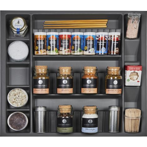 ORGA-BOX I Multi-Gewürzdoseneinsatz 513 x 473 x 28 mm oriongrau mit Antiruschbeschichtung Multi-Gewürzglaseinsatz für Tandembox Antaro / Intivo u. ModernBox im 60er Schrank Schubladeneinsatz