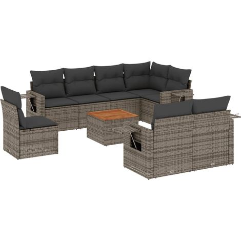 Set de muebles de jardín 9 pzas y cojines ratán sintético gris vidaXL (1/3)